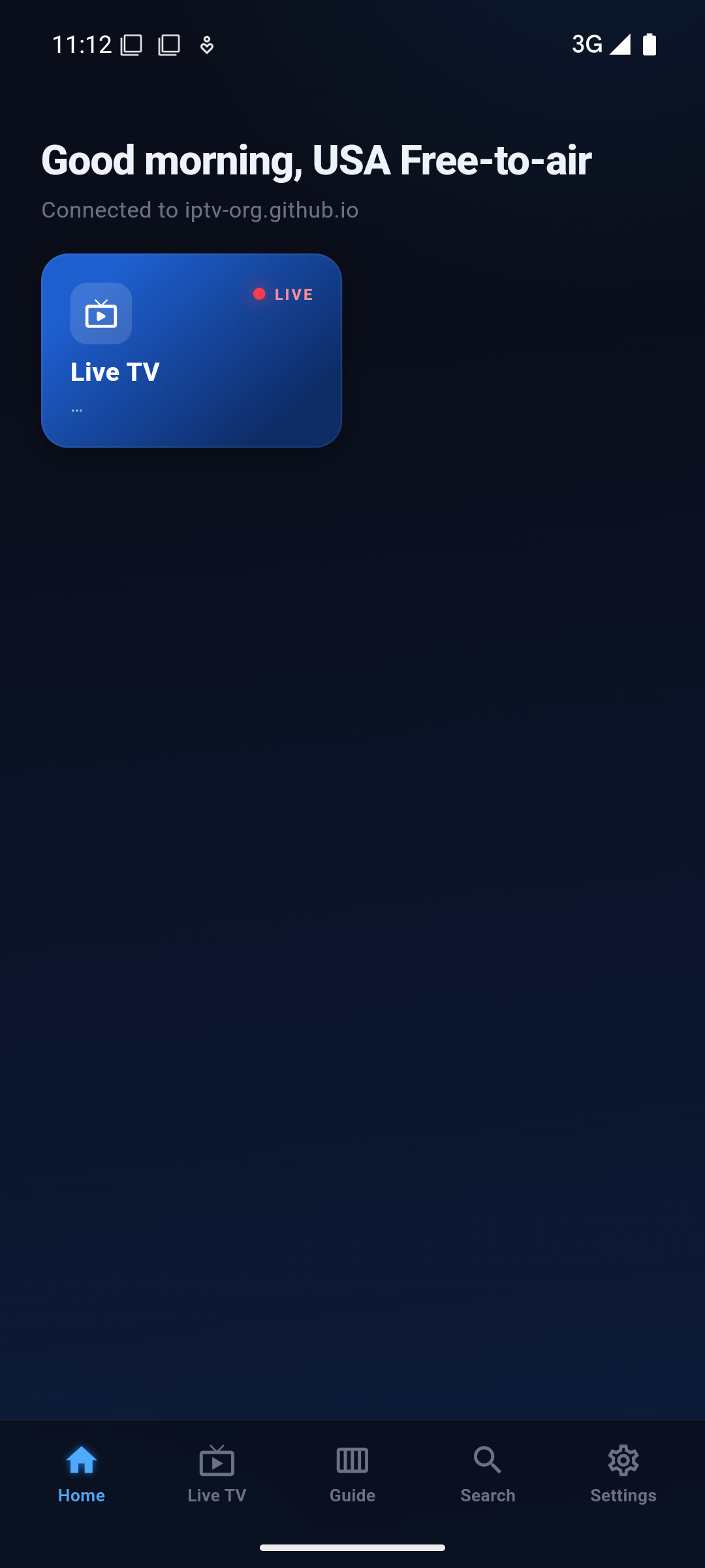 Cobalt home screen on an Android phone: a good-morning greeting and a Live TV card.