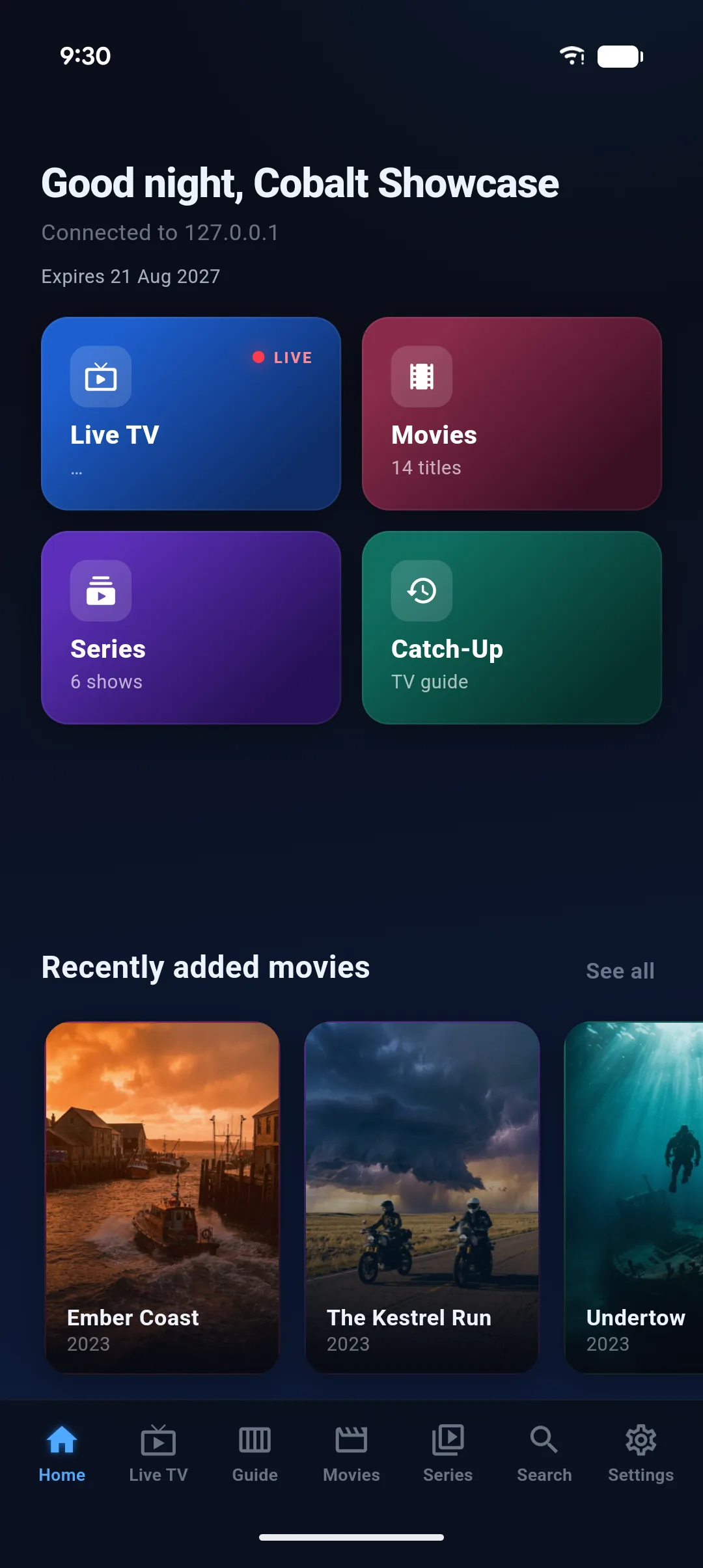 Cobalt home screen on an Android phone: a greeting, Live TV, Movies, Series and Catch-Up cards, and a recently added movies row.