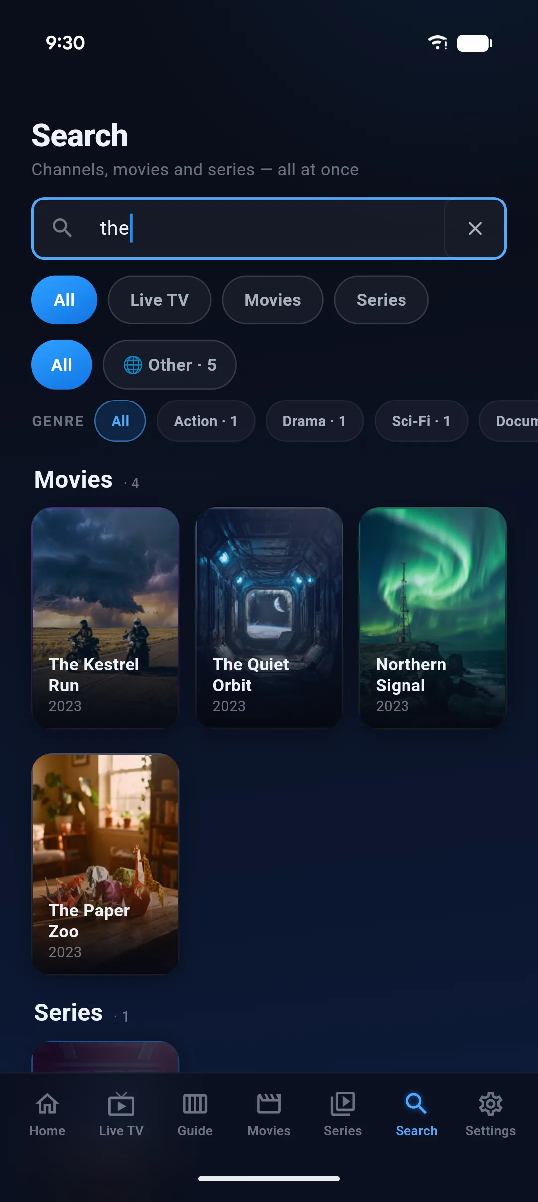 Cobalt search on a phone finding movies and series at once, narrowed by content type, country and genre filter chips.
