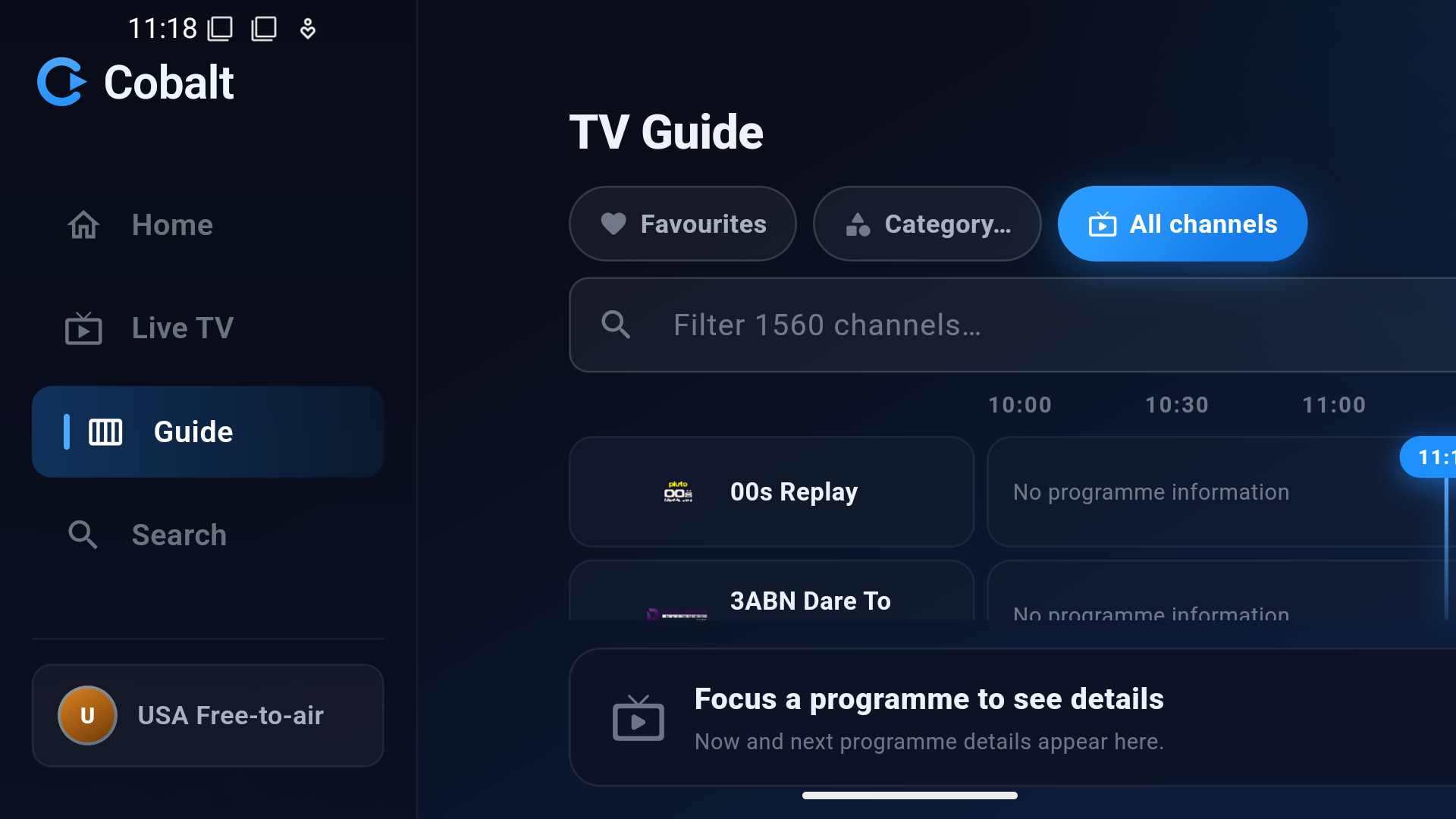 Cobalt IPTV player showing a full TV guide (EPG) on Android TV, with a channel grid, now-and-next programmes and live markers.