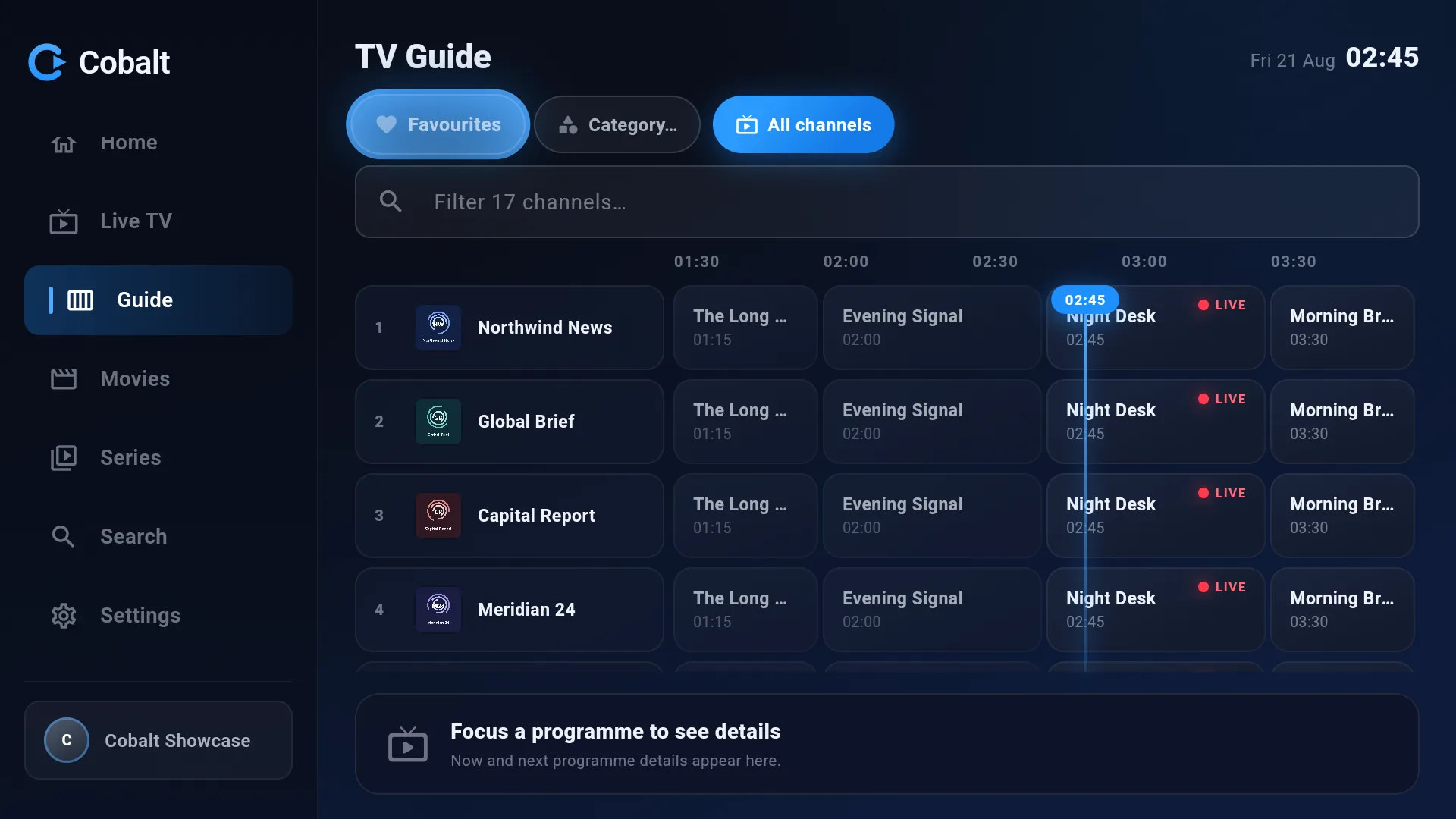 Cobalt IPTV player showing a full TV guide (EPG) on Android TV, with a channel grid, now-and-next programmes and live markers.