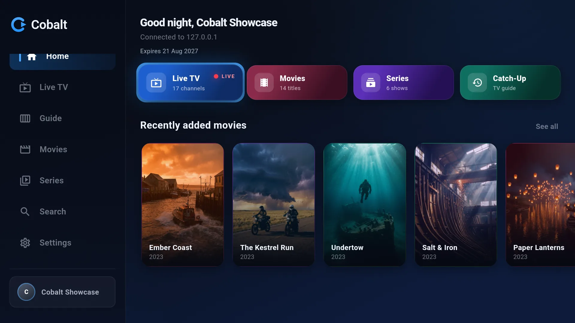 Cobalt home screen on Android TV with Live TV, Movies, Series and Catch-Up cards above a row of recently added titles.