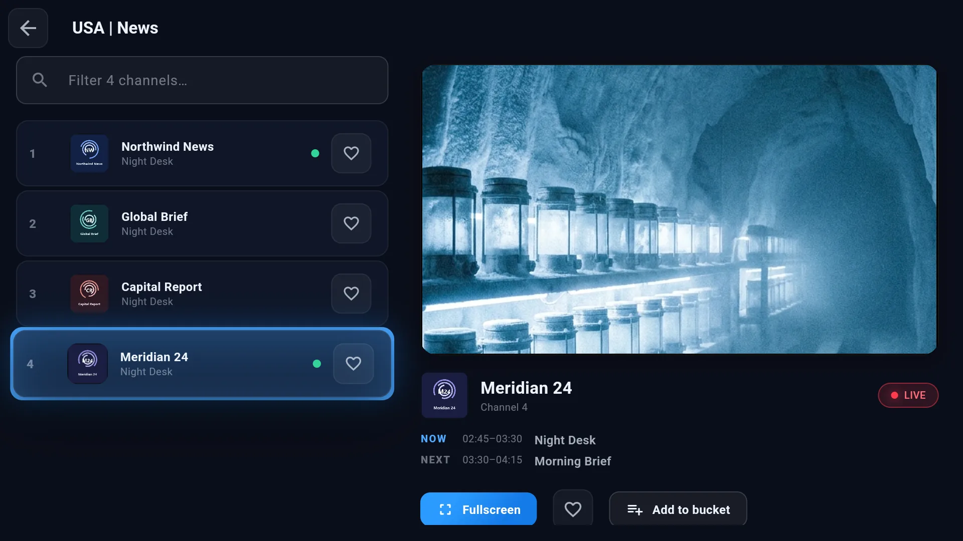 Cobalt live TV split view on Android TV: a channel list on the left, the selected channel playing in the preview panel on the right with its now-and-next programmes underneath.