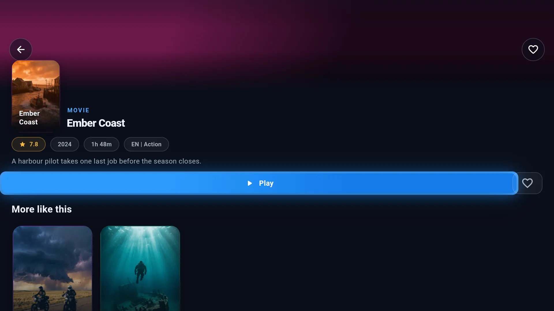 A Cobalt movie detail page showing the poster, rating, year, runtime, a plot summary, a play button and a More like this row.